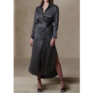 $270 BANANA REPUBLIC Muse Silk Maxi Shirtdress Washable Small black gray large